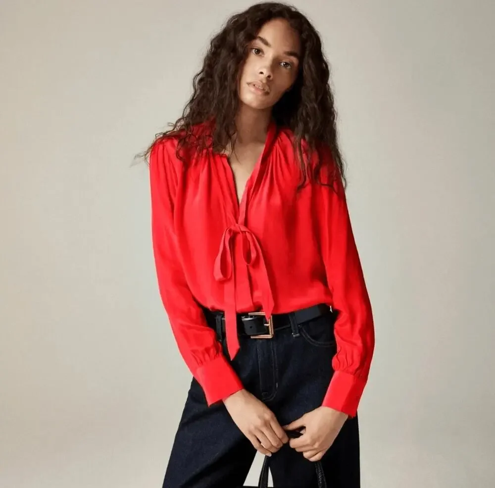 J.Crew Tie-Neck Top in Crepe de Chine Bow Button Up Shirt in Red Size 8 NWT $118